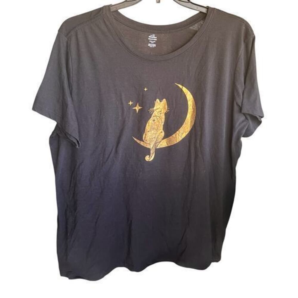 Celestial Cat Moon metallic Gold on Black witchy goth Halloween plus sz XXXL 3XL